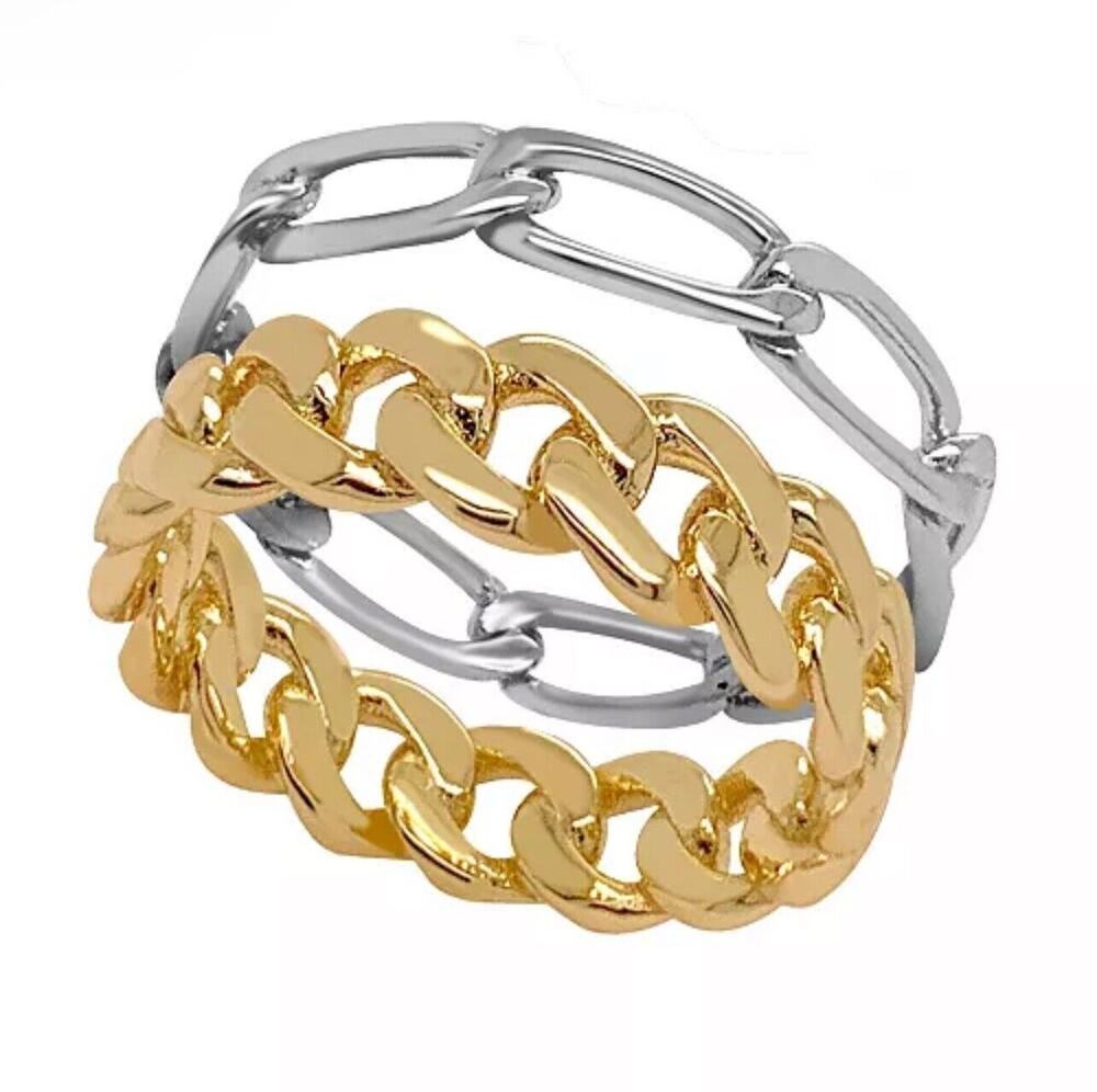 18K Gold Plated Chain Band Ring (2 Piece Set) Size 8 Chic Trendy Style Shiny NEW
